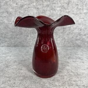 Vintage Margies Garden Hand Blown Art Glass Vase Ruby Red 8 Inch